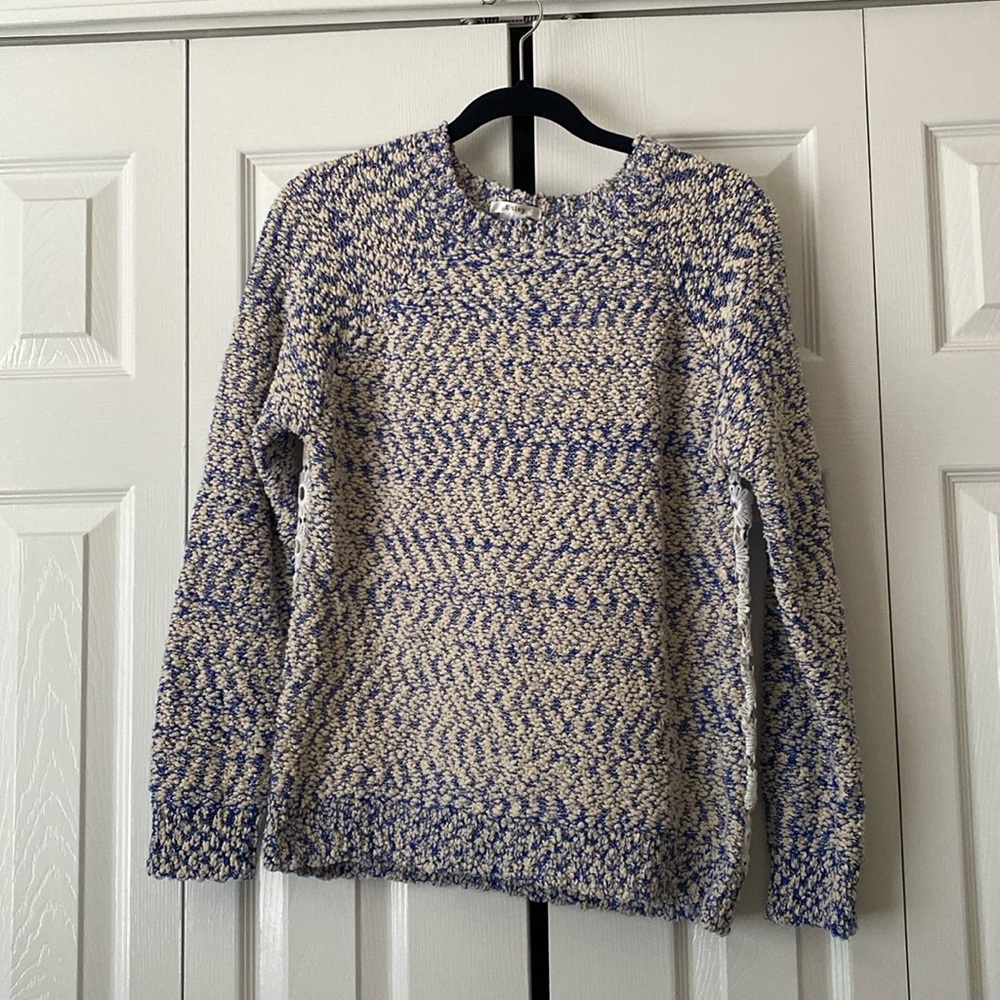 Esley ModCloth blue and cream sweater with eyelet flower back